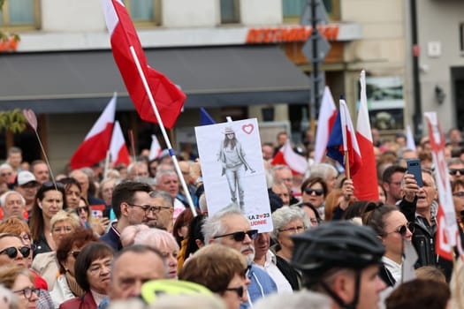 Cracow, Poland - October 1, 2023: Million Hearts March in Krakow. Crowds of Poles march through the streets of Krakow protesting against PiS's rule