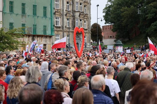 Cracow, Poland - October 1, 2023: Million Hearts March in Krakow. Crowds of Poles march through the streets of Krakow protesting against PiS's rule