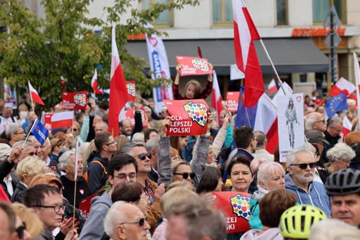 Cracow, Poland - October 1, 2023: Million Hearts March in Krakow. Crowds of Poles march through the streets of Krakow protesting against PiS's rule
