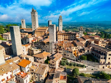 Aerial view of San Gimignano, a walled medieval hill town in the province of Siena, Tuscany, Italy