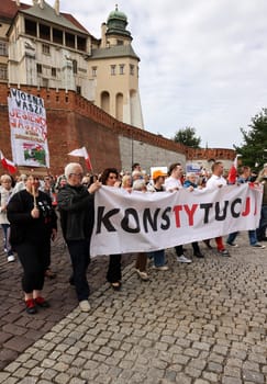 Cracow, Poland - October 1, 2023: Million Hearts March in Krakow. Crowds of Poles march through the streets of Krakow protesting against PiS's rule