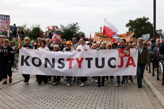 Cracow, Poland - October 1, 2023: Million Hearts March in Krakow. Crowds of Poles march through the streets of Krakow protesting against PiS's rule