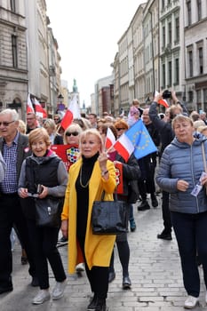 Cracow, Poland - October 1, 2023: Million Hearts March in Krakow. Crowds of Poles march through the streets of Krakow protesting against PiS's rule