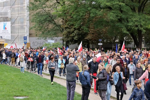 Cracow, Poland - October 1, 2023: Million Hearts March in Krakow. Crowds of Poles march through the streets of Krakow protesting against PiS's rule