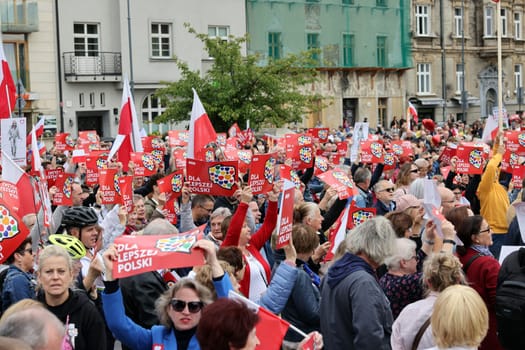 Cracow, Poland - October 1, 2023: Million Hearts March in Krakow. Crowds of Poles march through the streets of Krakow protesting against PiS's rule