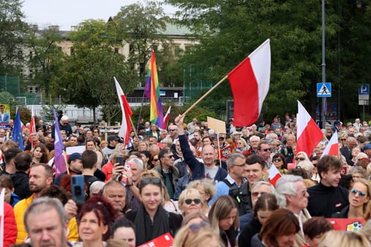 Cracow, Poland - October 1, 2023: Million Hearts March in Krakow. Crowds of Poles march through the streets of Krakow protesting against PiS's rule