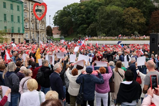 Cracow, Poland - October 1, 2023: Million Hearts March in Krakow. Crowds of Poles march through the streets of Krakow protesting against PiS's rule