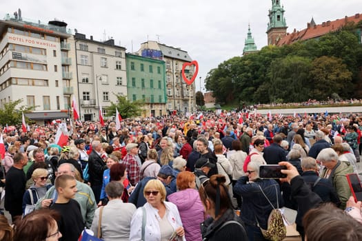 Cracow, Poland - October 1, 2023: Million Hearts March in Krakow. Crowds of Poles march through the streets of Krakow protesting against PiS's rule