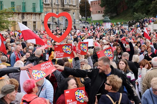 Cracow, Poland - October 1, 2023: Million Hearts March in Krakow. Crowds of Poles march through the streets of Krakow protesting against PiS's rule