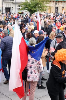 Cracow, Poland - October 1, 2023: Million Hearts March in Krakow. Crowds of Poles march through the streets of Krakow protesting against PiS's rule