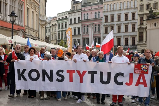 Cracow, Poland - October 1, 2023: Million Hearts March in Krakow. Crowds of Poles march through the streets of Krakow protesting against PiS's rule