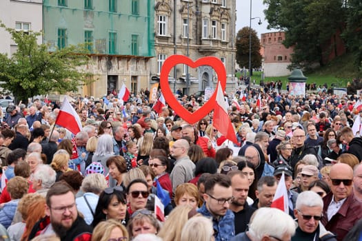 Cracow, Poland - October 1, 2023: Million Hearts March in Krakow. Crowds of Poles march through the streets of Krakow protesting against PiS's rule