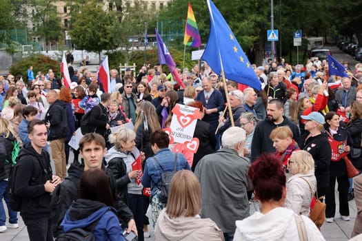 Cracow, Poland - October 1, 2023: Million Hearts March in Krakow. Crowds of Poles march through the streets of Krakow protesting against PiS's rule