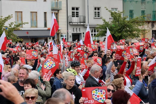 Cracow, Poland - October 1, 2023: Million Hearts March in Krakow. Crowds of Poles march through the streets of Krakow protesting against PiS's rule