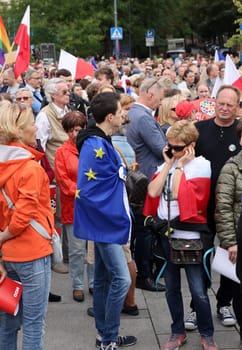 Cracow, Poland - October 1, 2023: Million Hearts March in Krakow. Crowds of Poles march through the streets of Krakow protesting against PiS's rule