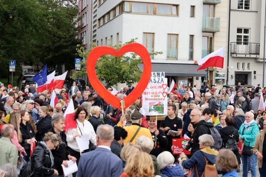 Cracow, Poland - October 1, 2023: Million Hearts March in Krakow. Crowds of Poles march through the streets of Krakow protesting against PiS's rule