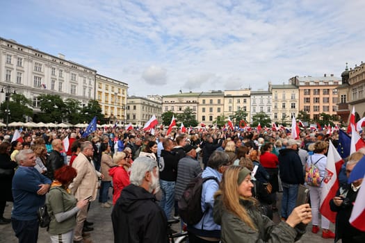 Cracow, Poland - October 1, 2023: Million Hearts March in Krakow. Crowds of Poles march through the streets of Krakow protesting against PiS's rule