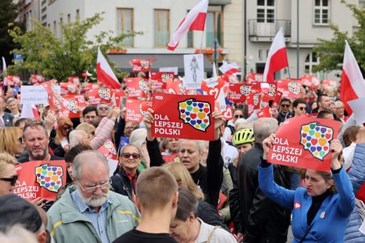 Cracow, Poland - October 1, 2023: Million Hearts March in Krakow. Crowds of Poles march through the streets of Krakow protesting against PiS's rule