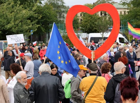 Cracow, Poland - October 1, 2023: Million Hearts March in Krakow. Crowds of Poles march through the streets of Krakow protesting against PiS's rule