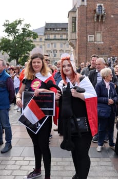 Cracow, Poland - October 1, 2023: Million Hearts March in Krakow. Crowds of Poles march through the streets of Krakow protesting against PiS's rule