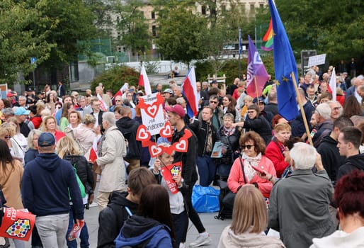Cracow, Poland - October 1, 2023: Million Hearts March in Krakow. Crowds of Poles march through the streets of Krakow protesting against PiS's rule