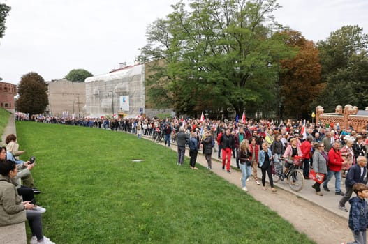 Cracow, Poland - October 1, 2023: Million Hearts March in Krakow. Crowds of Poles march through the streets of Krakow protesting against PiS's rule