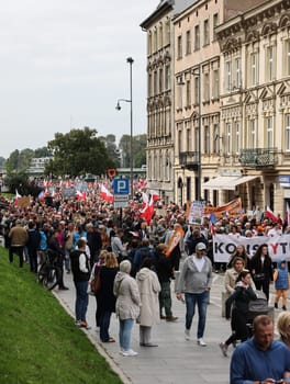 Cracow, Poland - October 1, 2023: Million Hearts March in Krakow. Crowds of Poles march through the streets of Krakow protesting against PiS's rule