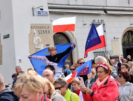 Cracow, Poland - October 1, 2023: Million Hearts March in Krakow. Crowds of Poles march through the streets of Krakow protesting against PiS's rule