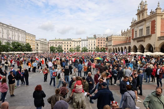 Cracow, Poland - October 1, 2023: Million Hearts March in Krakow. Crowds of Poles march through the streets of Krakow protesting against PiS's rule