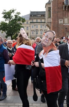 Cracow, Poland - October 1, 2023: Million Hearts March in Krakow. Crowds of Poles march through the streets of Krakow protesting against PiS's rule