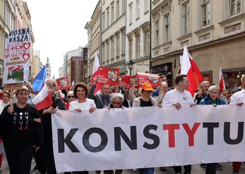 Cracow, Poland - October 1, 2023: Million Hearts March in Krakow. Crowds of Poles march through the streets of Krakow protesting against PiS's rule