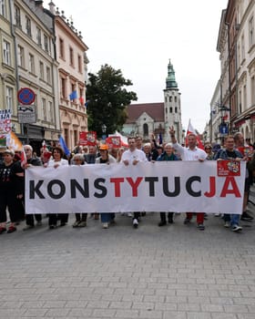 Cracow, Poland - October 1, 2023: Million Hearts March in Krakow. Crowds of Poles march through the streets of Krakow protesting against PiS's rule