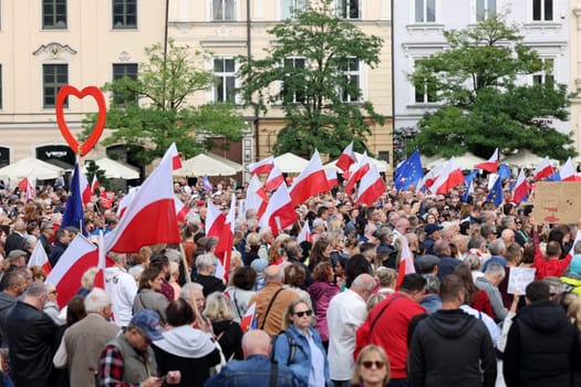 Cracow, Poland - October 1, 2023: Million Hearts March in Krakow. Crowds of Poles march through the streets of Krakow protesting against PiS's rule