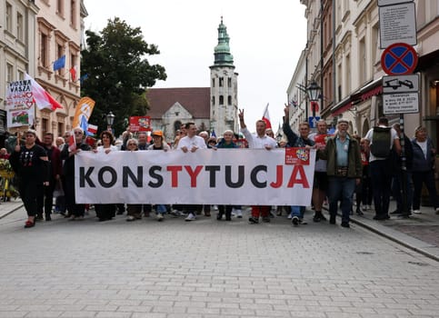 Cracow, Poland - October 1, 2023: Million Hearts March in Krakow. Crowds of Poles march through the streets of Krakow protesting against PiS's rule
