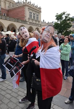 Cracow, Poland - October 1, 2023: Million Hearts March in Krakow. Crowds of Poles march through the streets of Krakow protesting against PiS's rule