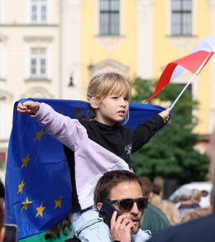 Cracow, Poland - October 1, 2023: Million Hearts March in Krakow. Crowds of Poles march through the streets of Krakow protesting against PiS's rule