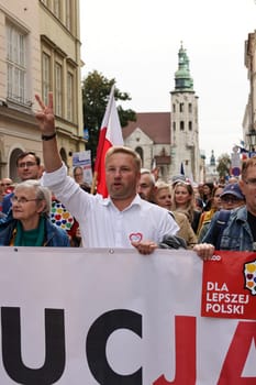 Cracow, Poland - October 1, 2023: Million Hearts March in Krakow. Crowds of Poles march through the streets of Krakow protesting against PiS's rule