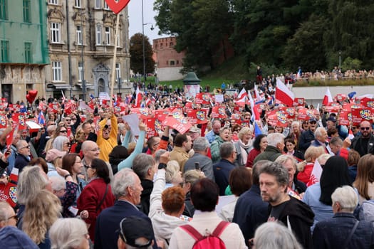 Cracow, Poland - October 1, 2023: Million Hearts March in Krakow. Crowds of Poles march through the streets of Krakow protesting against PiS's rule