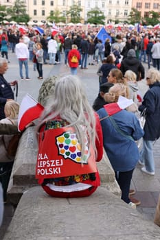 Cracow, Poland - October 1, 2023: Million Hearts March in Krakow. Crowds of Poles march through the streets of Krakow protesting against PiS's rule