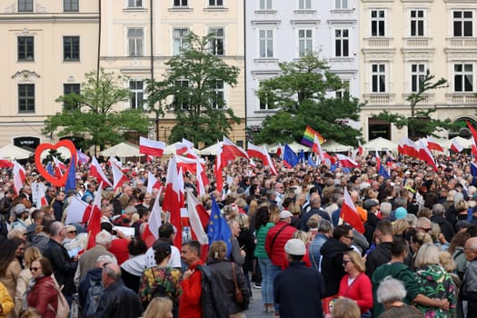 Cracow, Poland - October 1, 2023: Million Hearts March in Krakow. Crowds of Poles march through the streets of Krakow protesting against PiS's rule