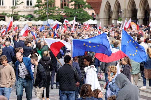 Cracow, Poland - October 1, 2023: Million Hearts March in Krakow. Crowds of Poles march through the streets of Krakow protesting against PiS's rule