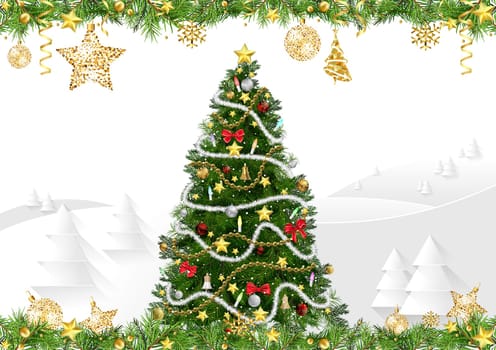 Christmas Card with Decorated Christmas Tree - Colorful Illustration with Winter Background and Golden Ornaments