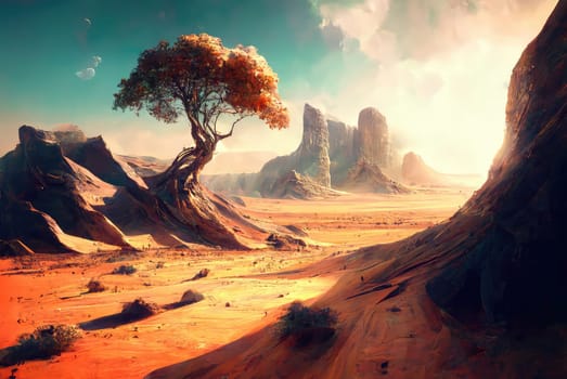 Painted landscape with mountains. Generative AI design