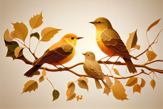 Painted golden birds on a branch with leaves. Generative AI design