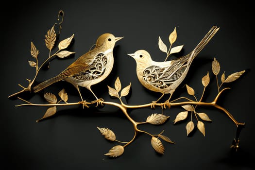 Golden birds on a branch with leaves. Generative AI design