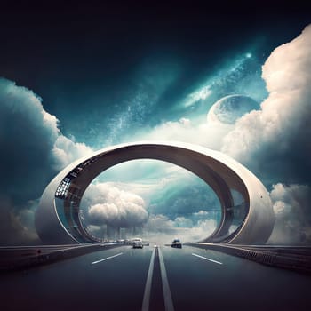 Futuristic dramatic cloudscape with highway and concept arch. Generative AI drawing