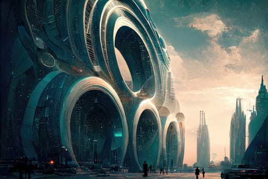 Futuristic urban landscape with concept buildings. Generative AI drawing