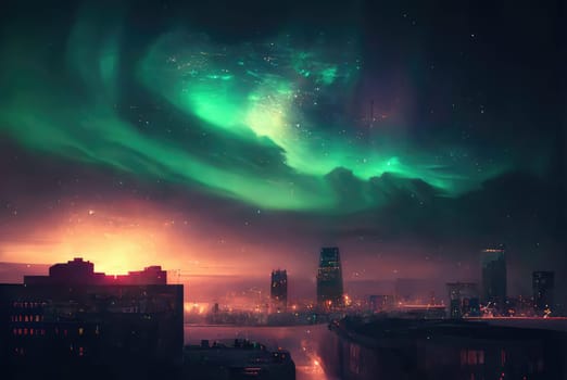 Northern lights over the night city. Generative AI drawing