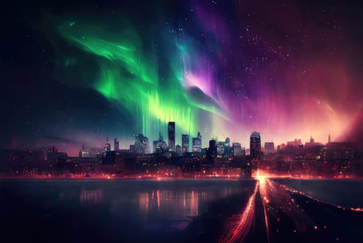 Colorful northern lights over the night city. Generative AI drawing