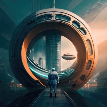 Future urban landscape with lonely figure and concept circle arch. Generative AI drawing